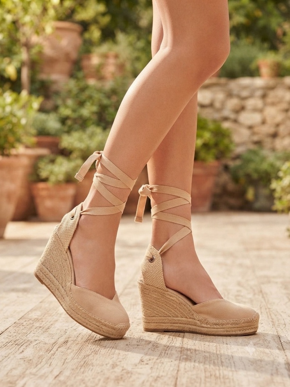Beige Espadrille Wedge Sandals with Tie Ankle